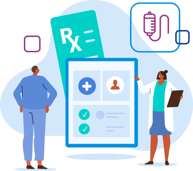 illustration of a health care professional wearing a lab coat showcasing medical options to a patient